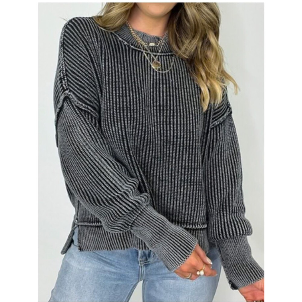 Zenana Outfitters Ribbed acid wash exposed seams Crewneck Sweater in Charcoal